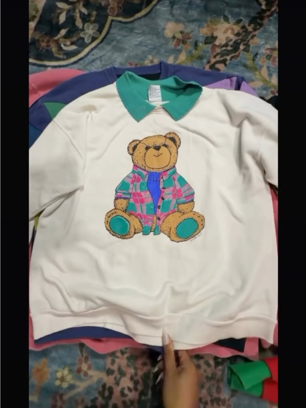 Cream Teddy Graphic Crewneck Sweater with Green Collar